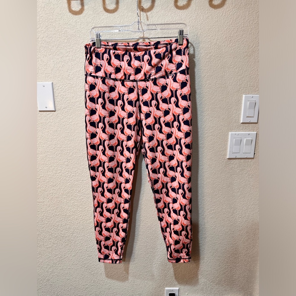 Crown and Ivy, navy blue and pink flamingo workout pants, size L